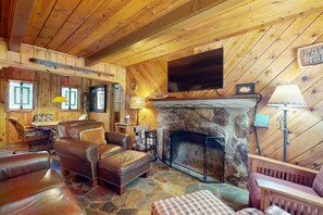 Tv, eldstad, dvd-spelare och böcker