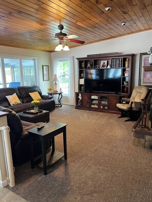 Smart TV, fireplace, DVD player, books