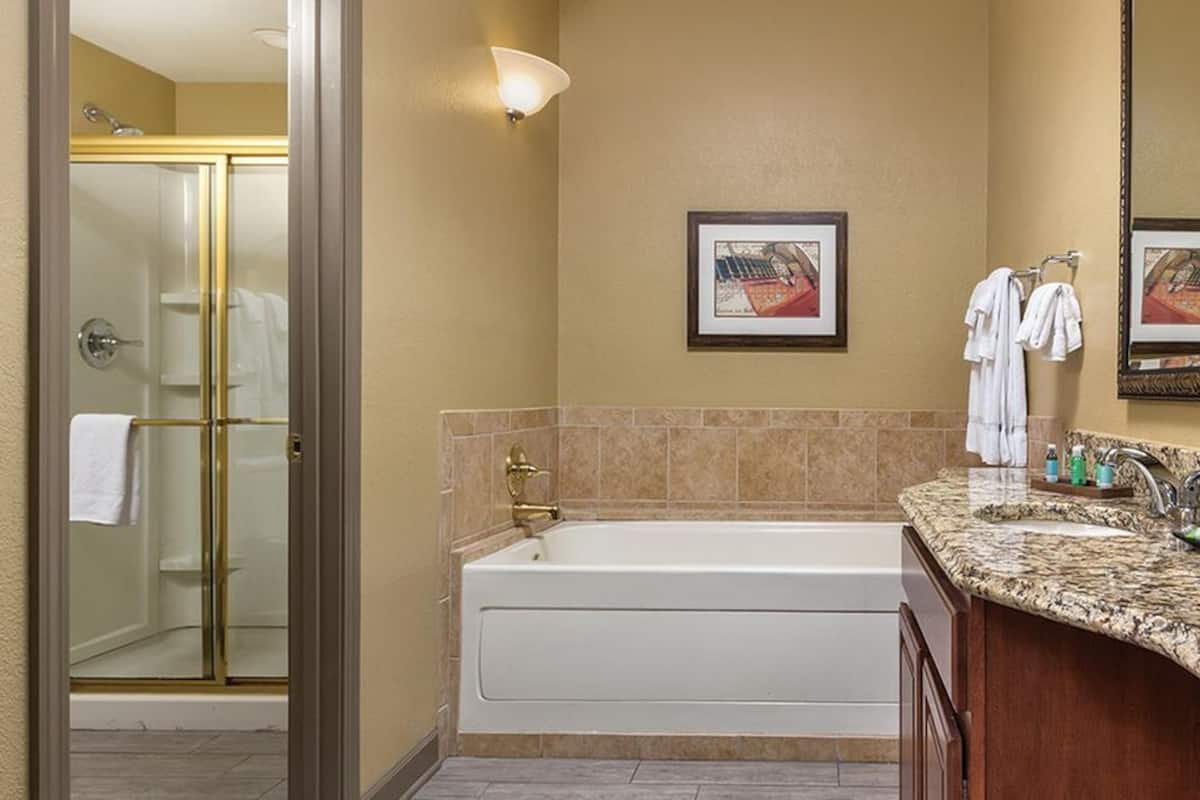 combined shower/bathtub, hair dryer, towels