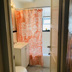 Bathroom features a shower, sink, and toilet, with a window above the shower.