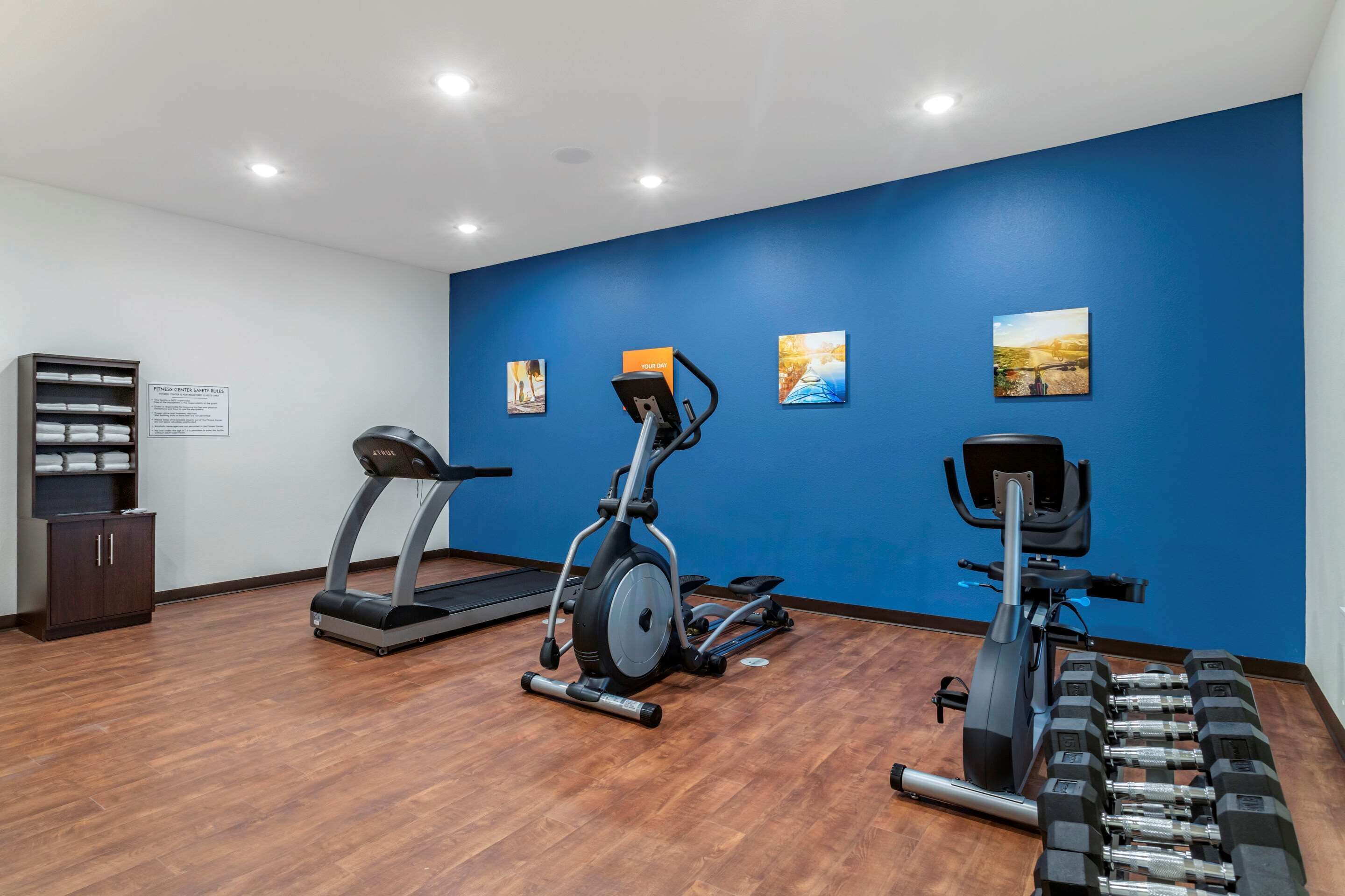 A gym with a treadmill, elliptical, and dumbbells.