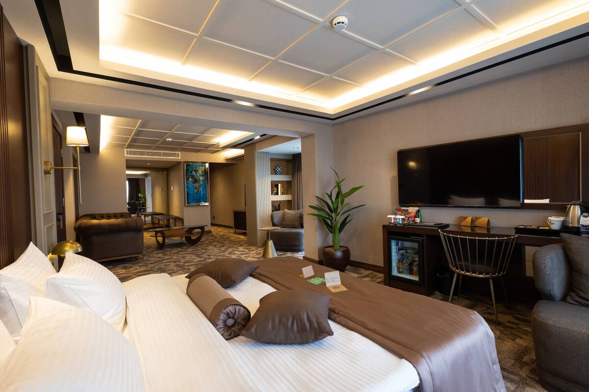 A hotel room with a large bed, a desk, a flat-screen TV, a seating area, and a plant.