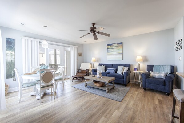 TV, DVD player, books, video library