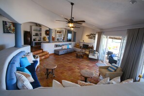 Smart TV, fireplace, books, stereo