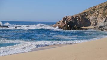 Tæt på stranden, liggestole, badehåndklæder