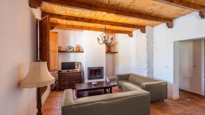 Télévision, cheminée, chaîne hi-fi