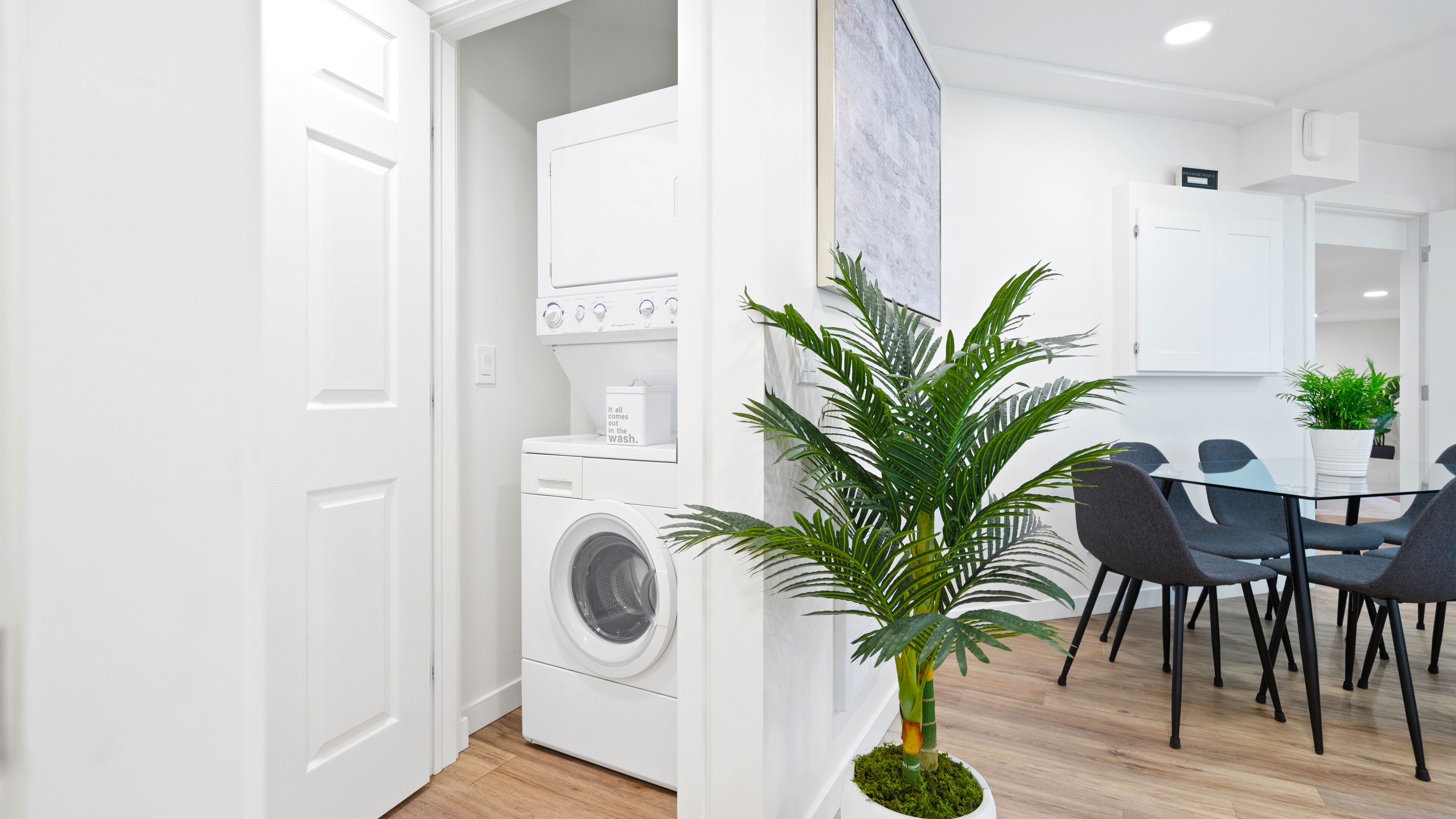 A modern kitchen with a built-in washer and dryer, a dining area with a glass table and chairs, and a potted plant.