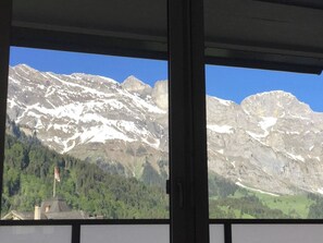 Vista sulle montagne attraverso una finestra, cielo sereno, una bandiera e un edificio con tetto spiovente.