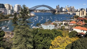 Un paisaje urbano costero con un puente destacado, numerosos barcos y edificios densos.