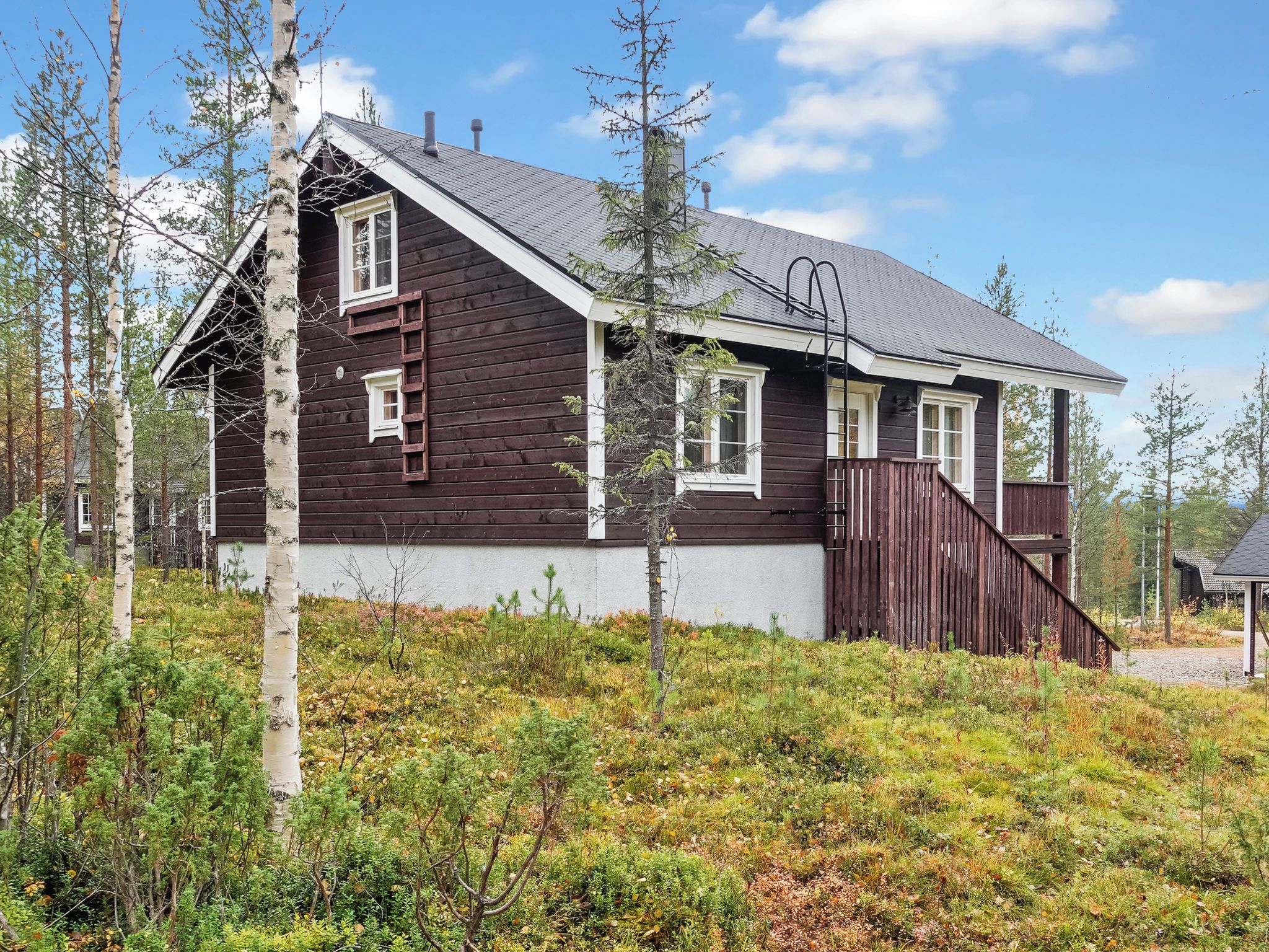 A wooden cabin with a sloped roof, a wooden porch, and a ladder leading to the upper windows.