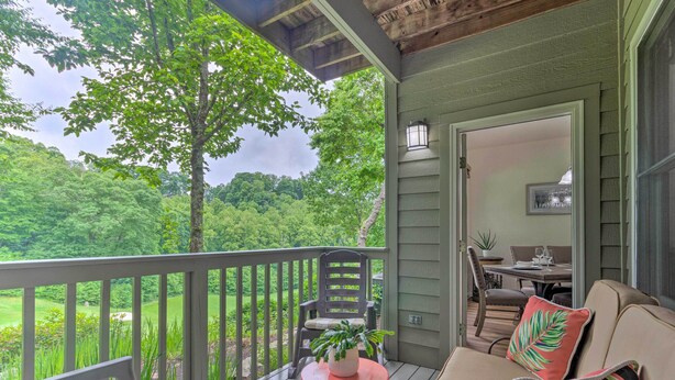 A porch with a wooden railing, a sofa, a chair, and a small table with a potted plant. - Blue Ridge Mtn Views: Condo w/ Furnished Balcony (Burnsville)