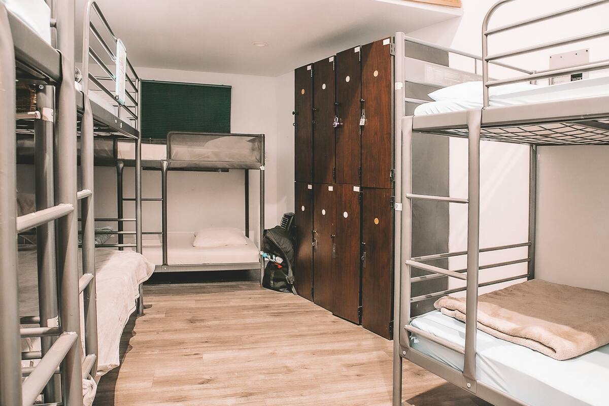 A dormitory room with bunk beds, wooden lockers, and a green window.