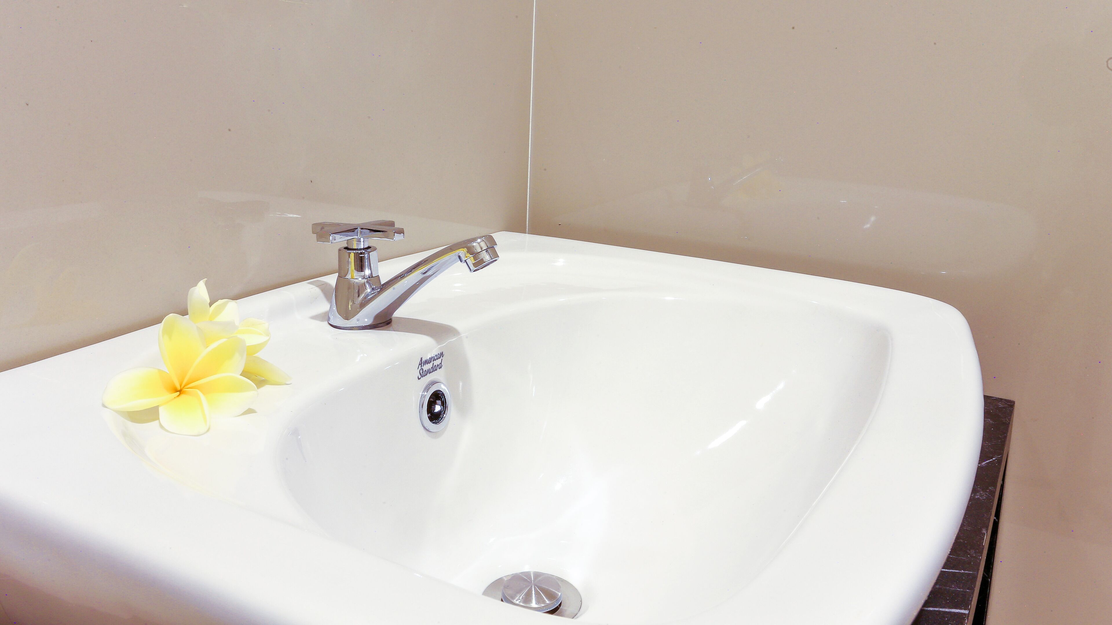 A white bathroom sink with a chrome faucet and a yellow flower on the left.