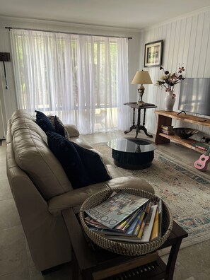 Smart TV, fireplace, books, printers