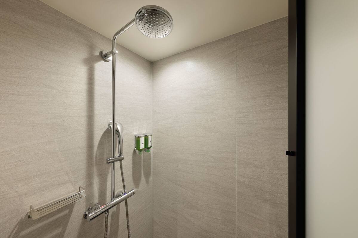 shower, rainfall showerhead, free toiletries, hair dryer