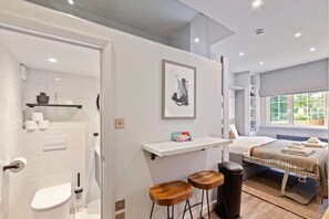 Shower, free toiletries, hair dryer, towels