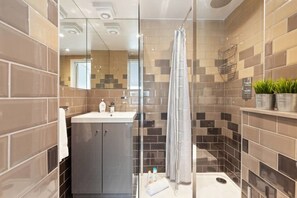 Douche, articles de toilette (gratuits), séchoir à cheveux