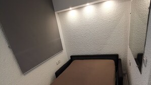 A small, compact bedroom with a single bed, a large window, and a textured wall. - Les Effalées (THOLLON LES MEMISES)