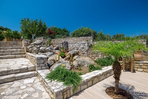 Eine Steintreppe führt zu einem Garten mit verschiedenen Pflanzen und einer Palme.
