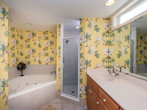 Shower, jetted tub, towels - Spacious, beautifully decorated ocean block condo. (Ocean City)
