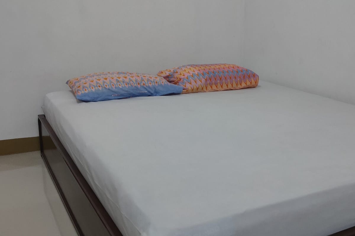 A single bed with a white mattress and two patterned pillows.