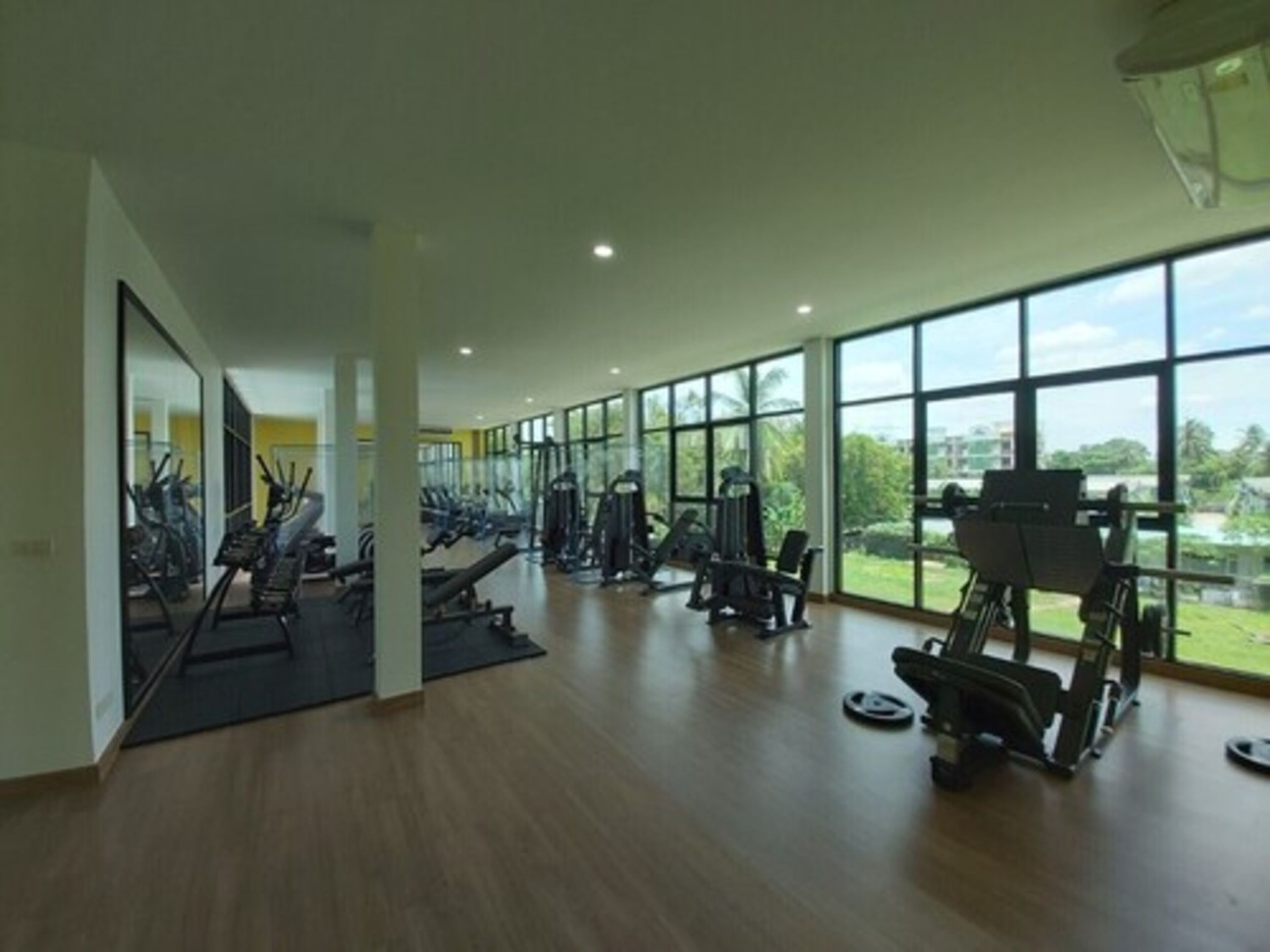 Un gimnasio amplio con diversas máquinas de ejercicio, ventanas grandes y vistas al exterior con zonas verdes.