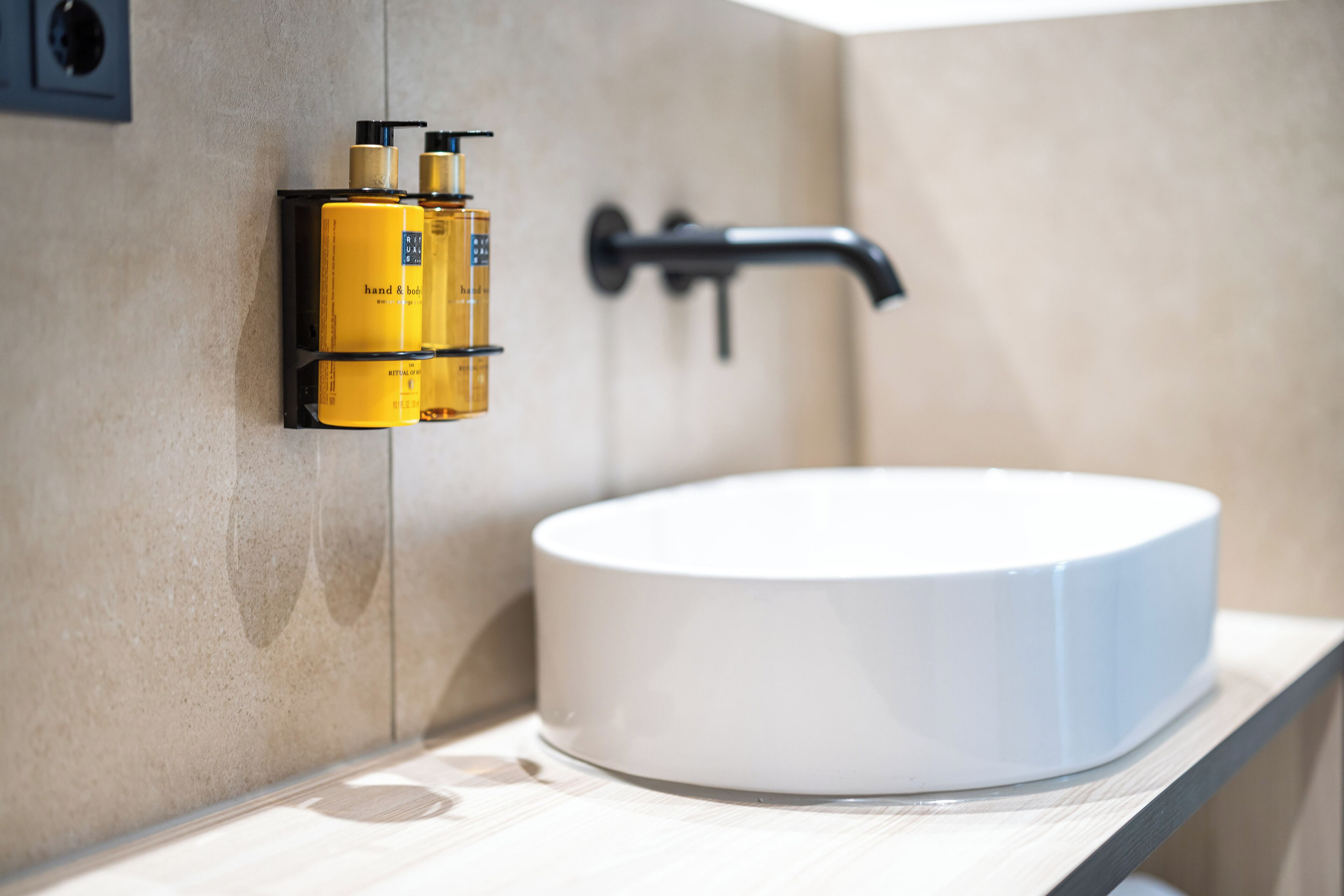 standard double room | bathroom | shower, hair dryer, towels, soap