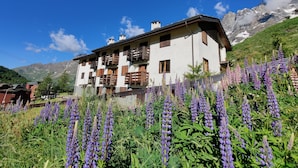 Un chalet à deux étages, doté de balcons, entouré d’un champ de lupins violets, avec une chaîne de montagnes en toile de fond.