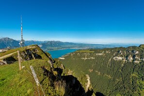 A mountain landscape with a tall communication tower, a clear blue sky, and a valley with dense forests. - Berghaus Niederhorn (Beatenberg)