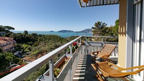 A balcony with wooden chairs and a railing overlooking a coastal landscape with buildings and greenery. - Blue view, blue bay, lerici (lerici)