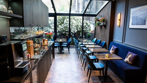 Een restaurant met een lange toonbank, blauwe stoelen en een blauwe bank.