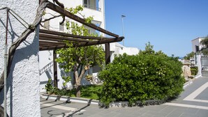 Un bâtiment à l’extérieur blanc, doté d’une pergola en bois et d’un jardin bien entretenu avec des arbustes et un arbre.