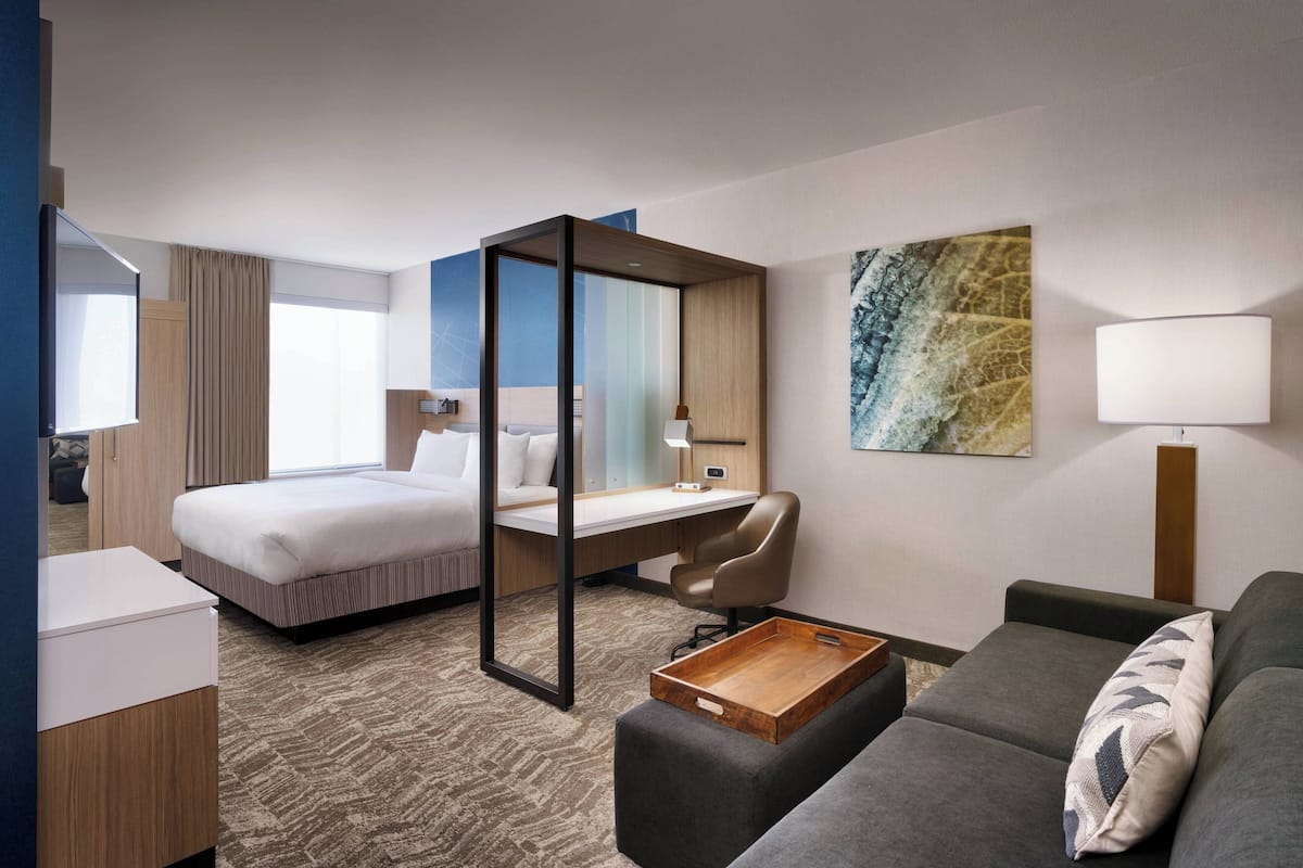 1 bedroom, desk, laptop workspace, blackout curtains