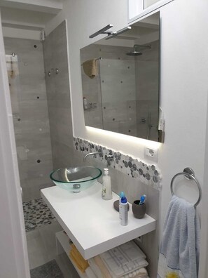 Douche, sèche-cheveux, serviettes fournies, papier toilette