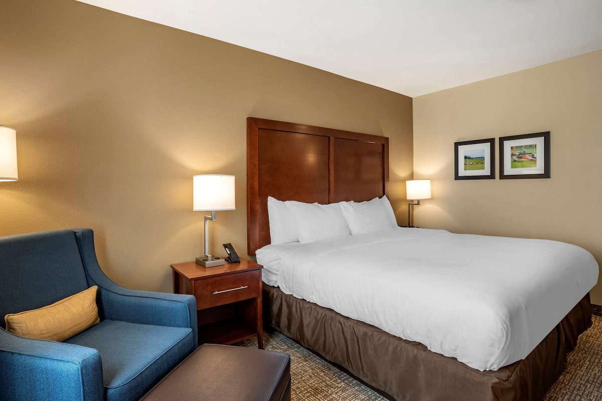 Una camera d'albergo con un letto grande, una poltrona blu, un comodino con una lampada e due quadri appesi al muro.