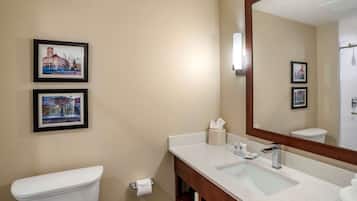 A bathroom with a toilet, sink, and mirror. There are two framed pictures on the wall.