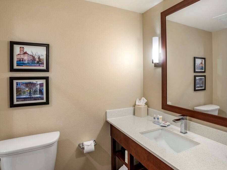 A bathroom with a toilet, sink, and mirror. There are two framed pictures on the wall.
