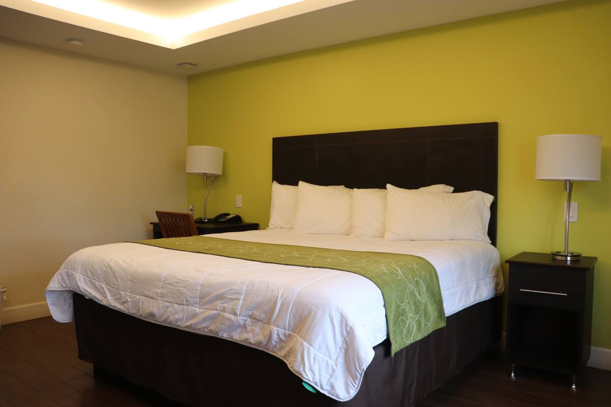 Una habitación de hotel con una cama grande, una mesita de noche y dos lámparas de noche.
