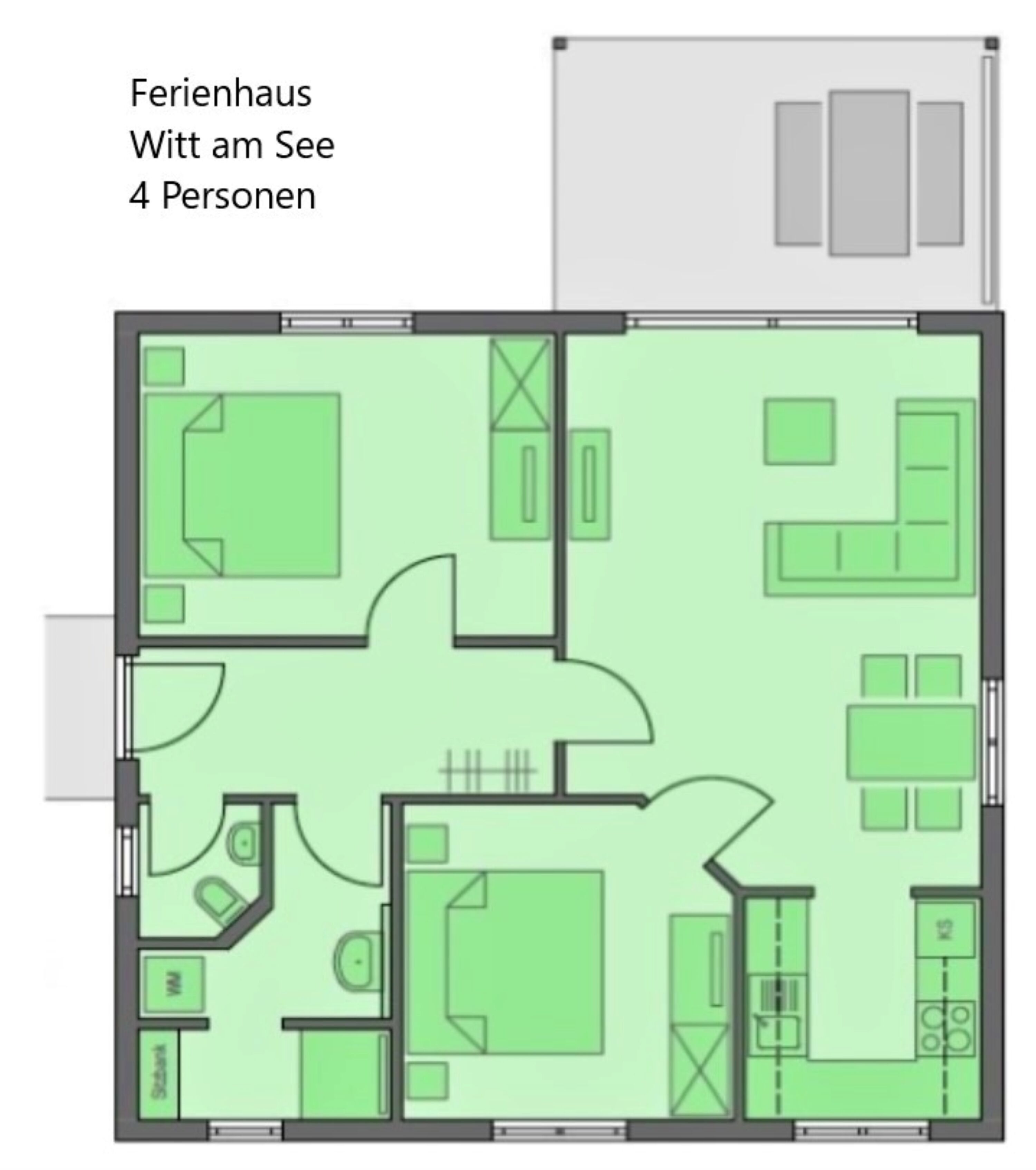 Een plattegrond van een maisonnette met een woonkamer, keuken, badkamer en twee slaapkamers.
