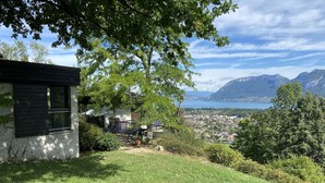 A house with a view of a lake and mountains.