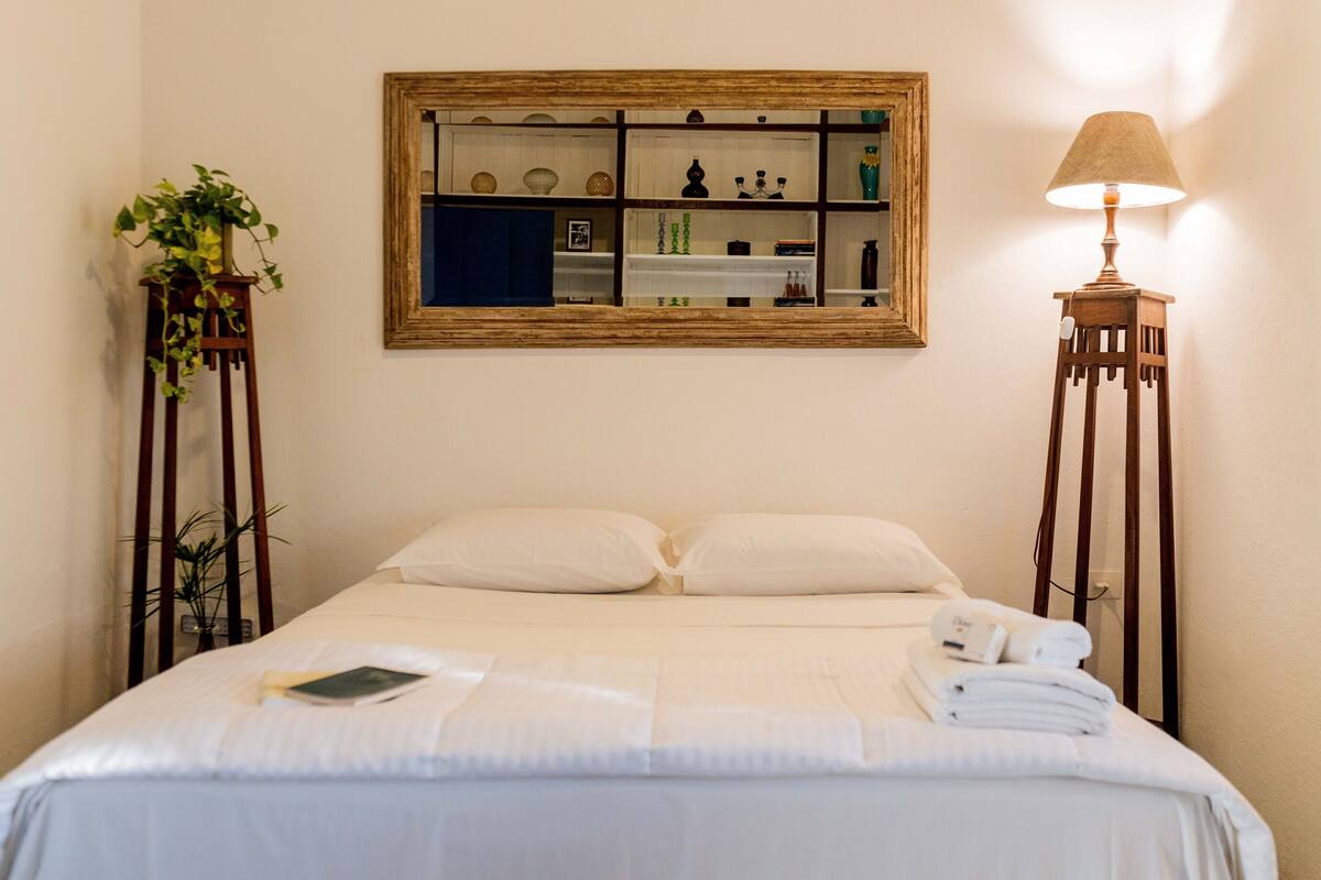 Un letto rifatto con cuscini, una lampada da comodino e un piccolo tavolino con una pianta.