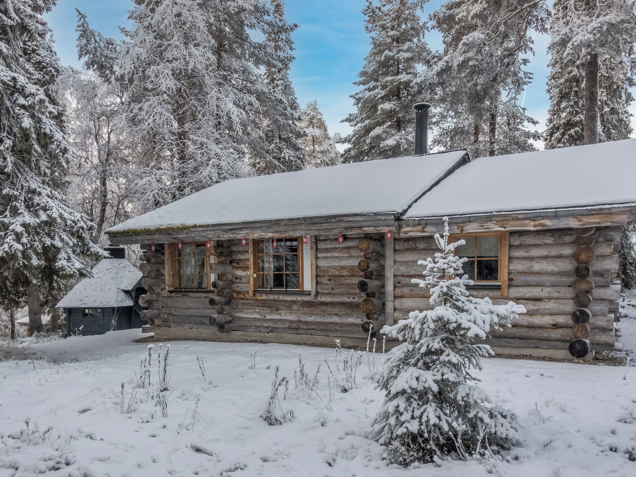 Una baita di legno con tetto innevato, circondata da alberi carichi di neve.