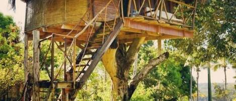 A treehouse with a thatched roof and wooden staircase.