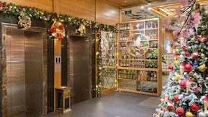 Un hall d’hôtel avec deux ascenseurs, un sapin de Noël et une exposition de bouteilles et de verrerie.
