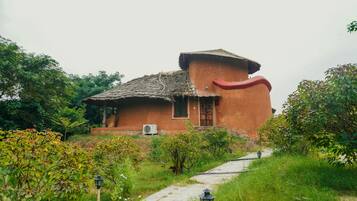A rustic house with a thatched roof, surrounded by lush greenery and a paved pathway.