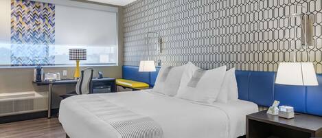 Premium bedding, down comforters, pillowtop beds, desk