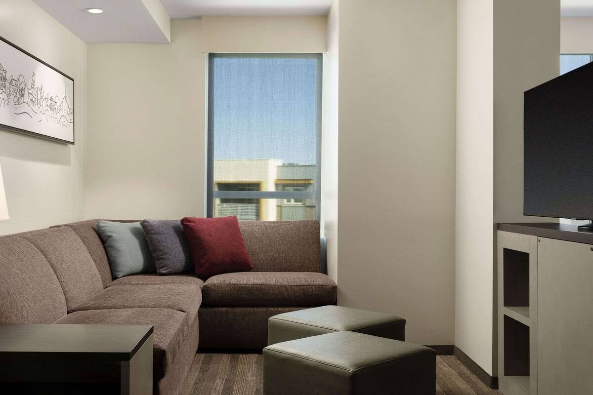 desk, laptop workspace, blackout curtains, iron/ironing board