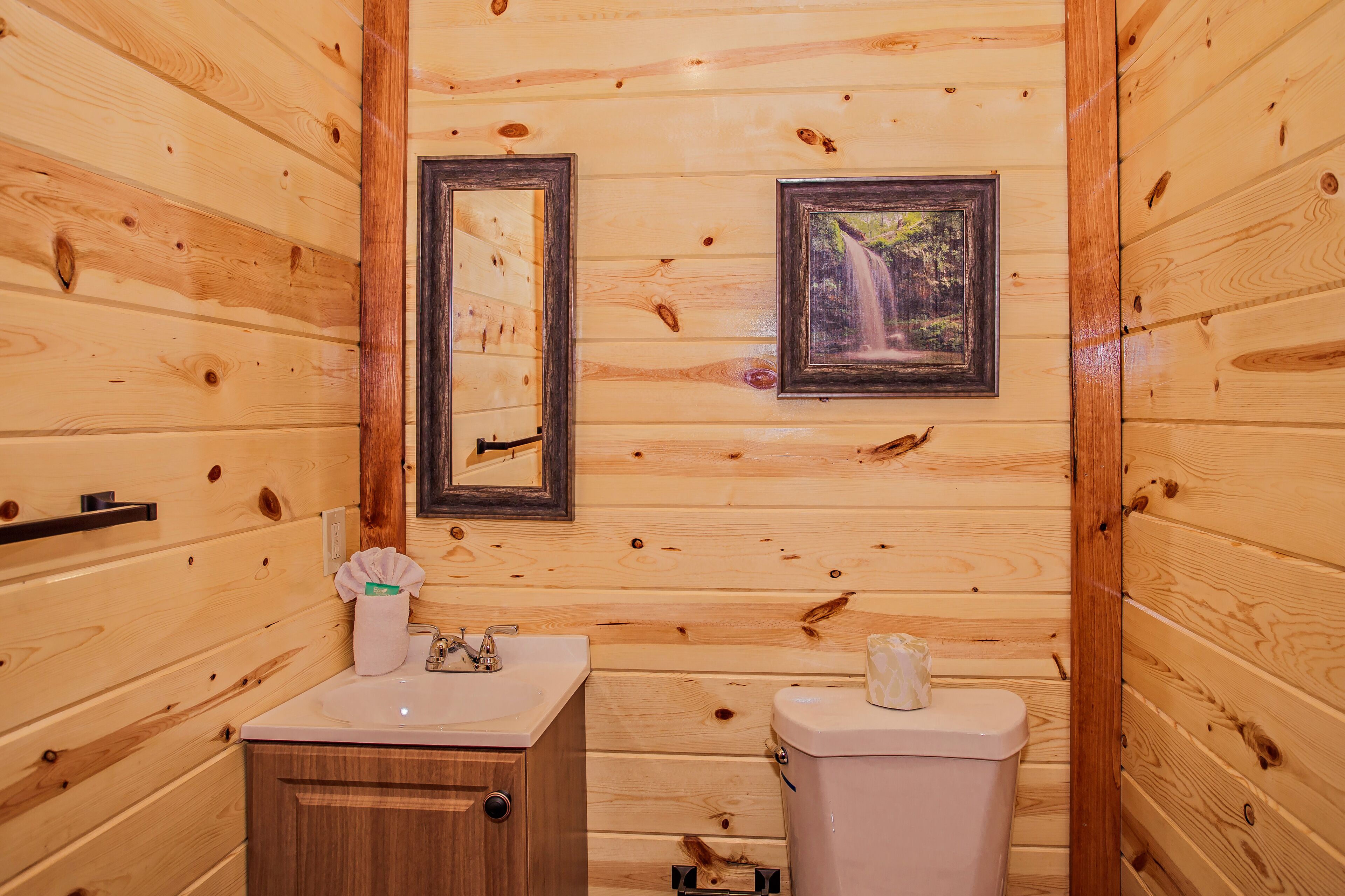 A wooden cabin bathroom with a sink, toilet, and two framed pictures on the wall.