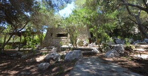 Set amidst lush woods, this rustic structure features a small arched window and natural surroundings.