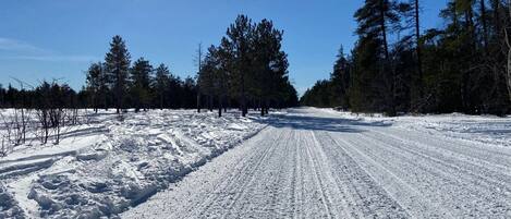 Uma estrada coberta de neve com sulcos de pneus, rodeada por árvores e um céu limpo.
